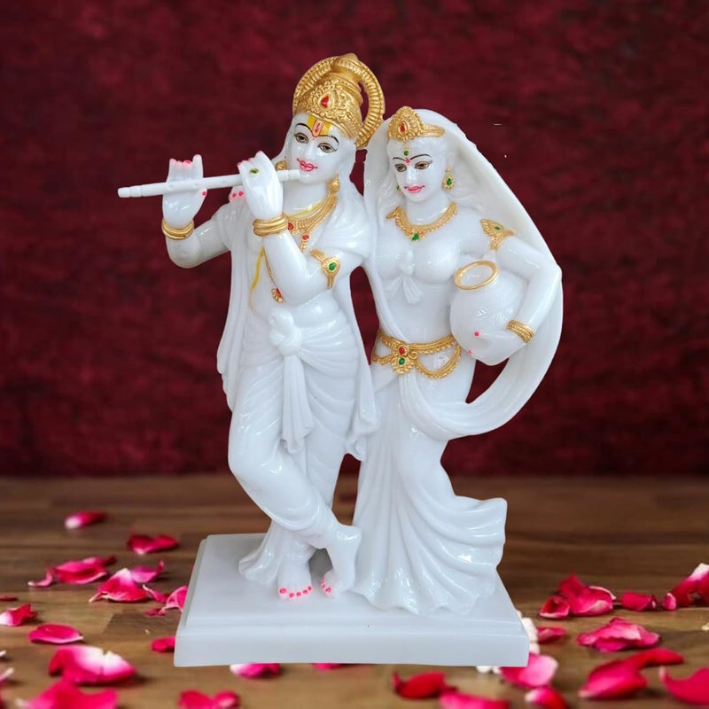 Niraj Art Marble Beautifully Handicraft Radha Krishna Statue for Temple Decoration Items for Home Decor Living Room Mandir Temple Pooja Room Table Top Office Decorative Gifts White Gold - Image 1