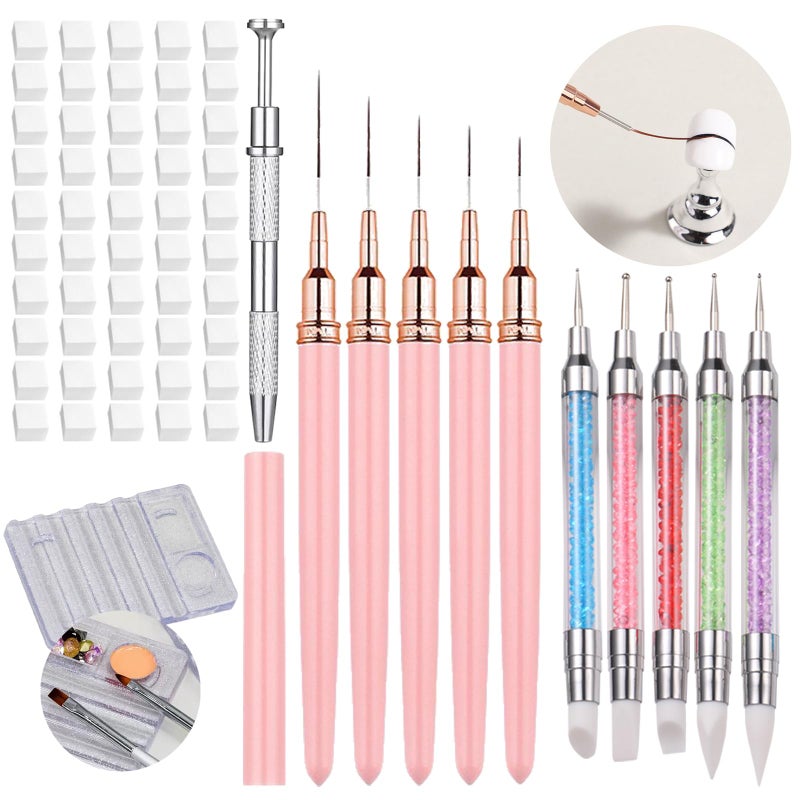 Dr.nail 62Pcs Nail Art Brushes Tools,5 Pcs Liner Brushes for Nails,Nail Sponges for Ombre with Grabbing Pen, Dual Tipped Silicone Dotting Sculpture Pen and Mixing Palette Pen Holder, Nail Design Brushes - Image 1