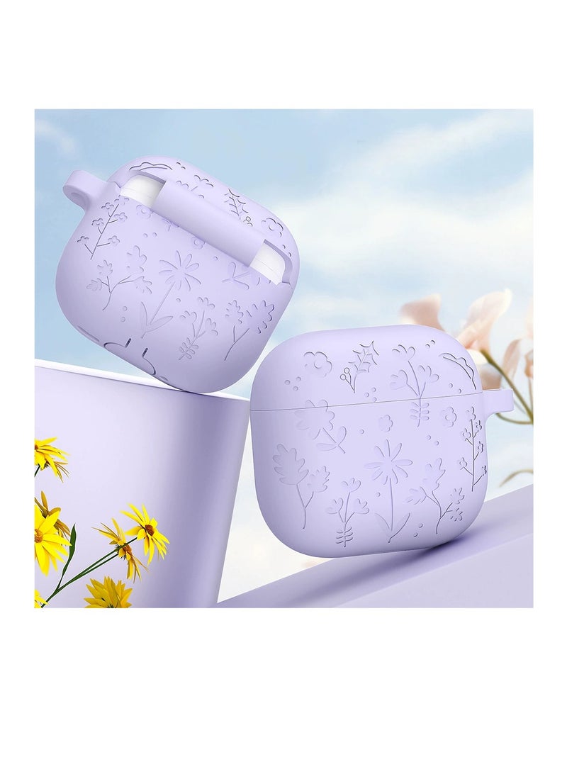AirPods 4 Case, Engraved AirPods 4th Generation Case, Soft Silicone Skin Protective Case for Women Men with Keychain for Airpods 4 2024, Flower Purple - Image 4