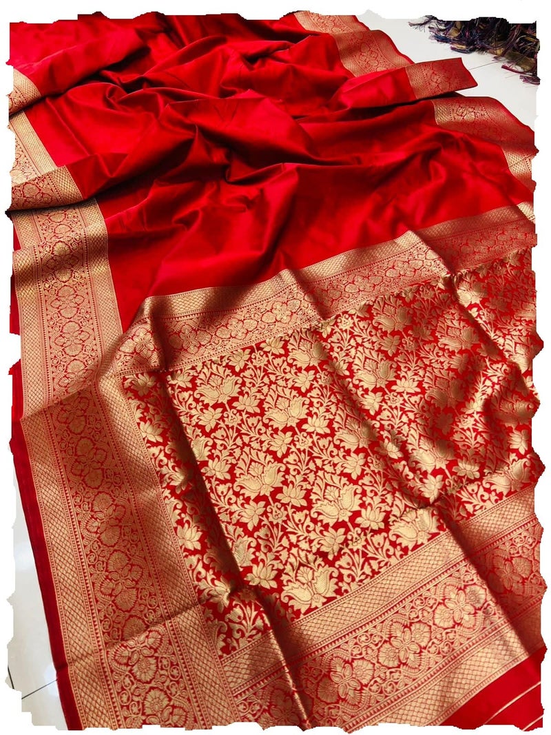 AMIRAT women's banarasi silk saree | Silk Plan Saree Zari Border With Blouse Piece (Red) - Image 4