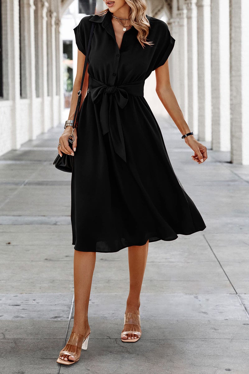 ECOWISH Womens Casual Midi Dresses Solid V Neck Short Sleeve Shirt Dress with Pockets for Spring Summer 2024 Black XL - Image 3