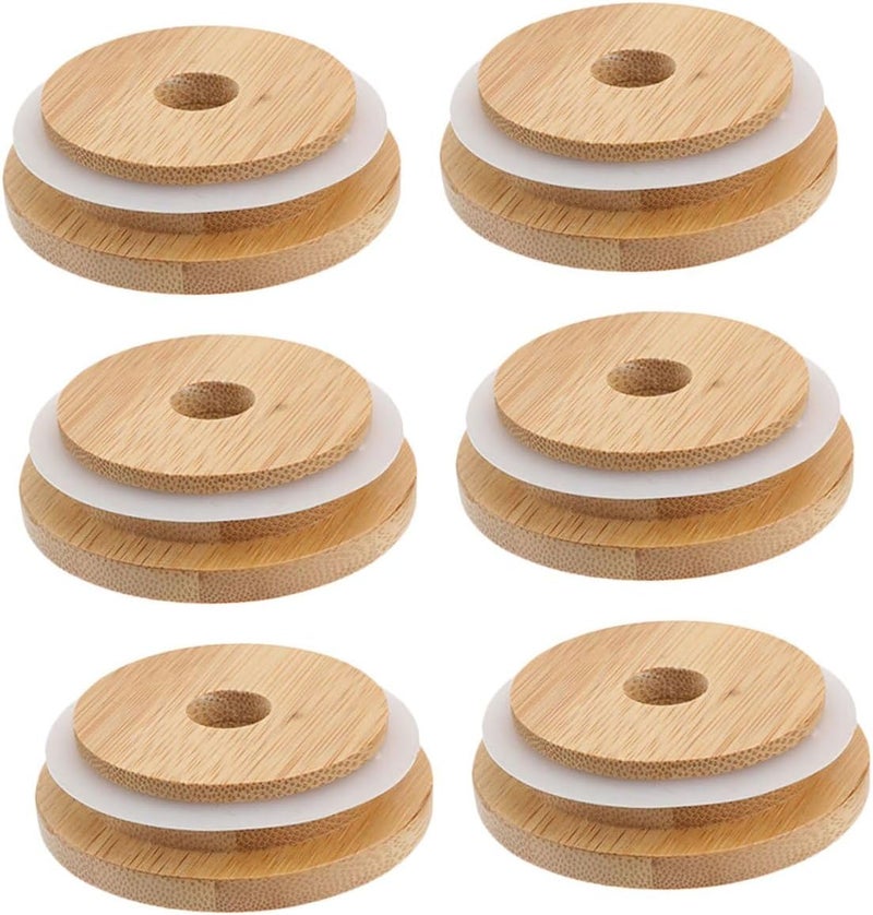 MAGICLULU 6pcs 70mm Jar Lids for Glass Mason Jars with Straw Hole Reusable Wooden Sealing Caps for Soda Cans and Yogurt Cups - Image 1