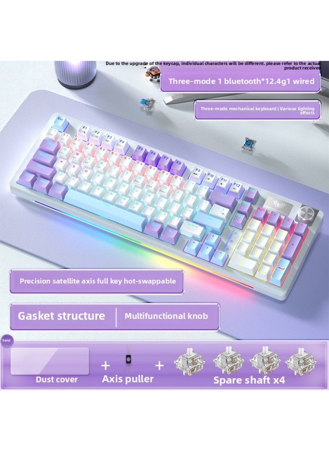 Generic S98 Wireless Mechanical Keyboard Customized Three-mode E-sports Game Keyboard And Mouse Suit Hot Plug Office Dedicated-Color:Red Axis - Purple, White And Blue - Free: Dust Cover + Full-page Blue Keycaps - Yes - 96 Keys  - Image 1