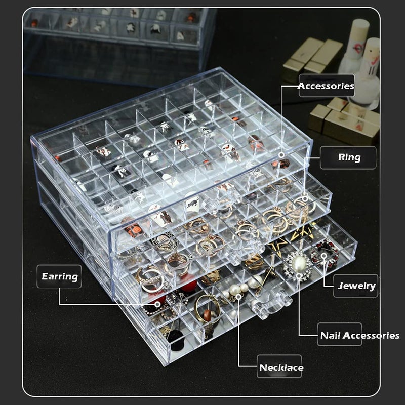 YUFONG Earring Storage Box Organizer 3 Drawers Acrylic Jewelry Storage Box Holder Transparent Jewelry Display Stand with 72 Small Compartments Gift for Women Girls (Clear) - Image 3