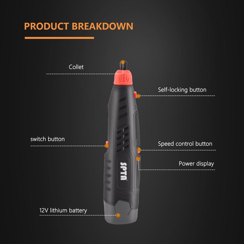 SPTA Cordless Rotary Tool, Powerful Mini Detail Polisher Kit, 36Pcs 12V Li-ion Battery 5,000-25,000 RPM Micro Auto Detailing Car Polisher Polishing Foam Pad Set for Buffing Polishing Sanding Cleaning - Image 2