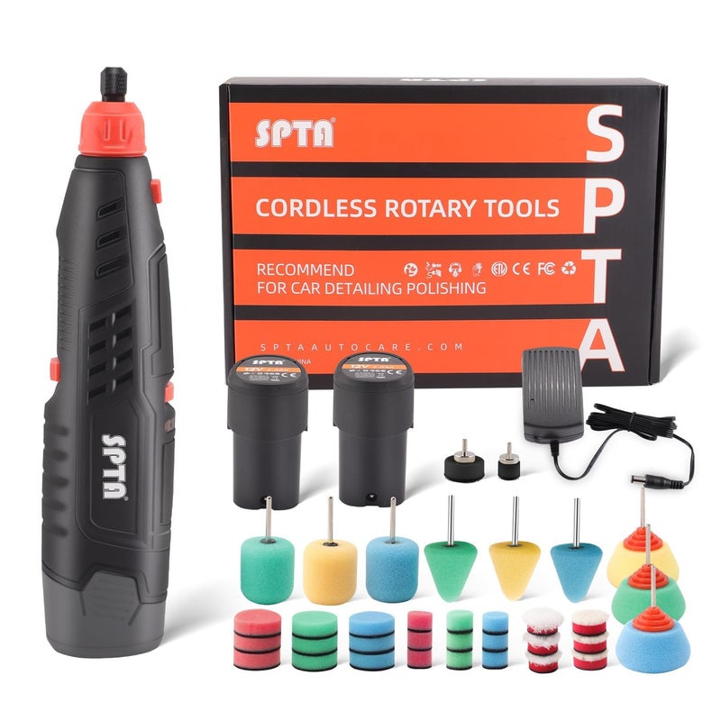 SPTA Cordless Rotary Tool, Powerful Mini Detail Polisher Kit, 36Pcs 12V Li-ion Battery 5,000-25,000 RPM Micro Auto Detailing Car Polisher Polishing Foam Pad Set for Buffing Polishing Sanding Cleaning - Image 1