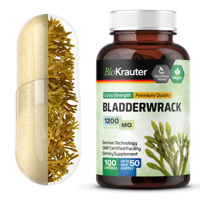 BIO KRAUTER Bladderwrack Capsules 1200 mg 100 Count Formula from Natural Marine Source of Iodine Vegan Bladderwrack Powder Caps