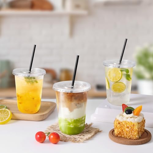 tchrules 50 Set 16oz Clear Plastic Cups with Lids & Straws, Disposable Iced Coffee Cup with Lid, Round Bottom To Go Cups for Cold Drinks Slushie Smoothie Lemonade Soda Bar Party Cafe Shop Supplies - Image 3