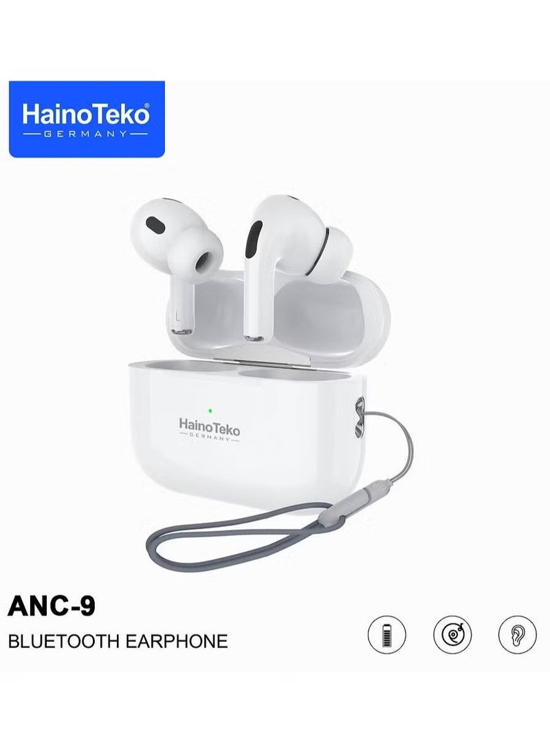 Haino Teko - ANC 9 Bluetooth Earphones with Active Noise Cancellation, Enhanced Bass, Music Clear Microphone, and Touch Controls – Compatible with iPhones and iPads, Premium Sound Quality, Comfortable Fit, White - Image 1