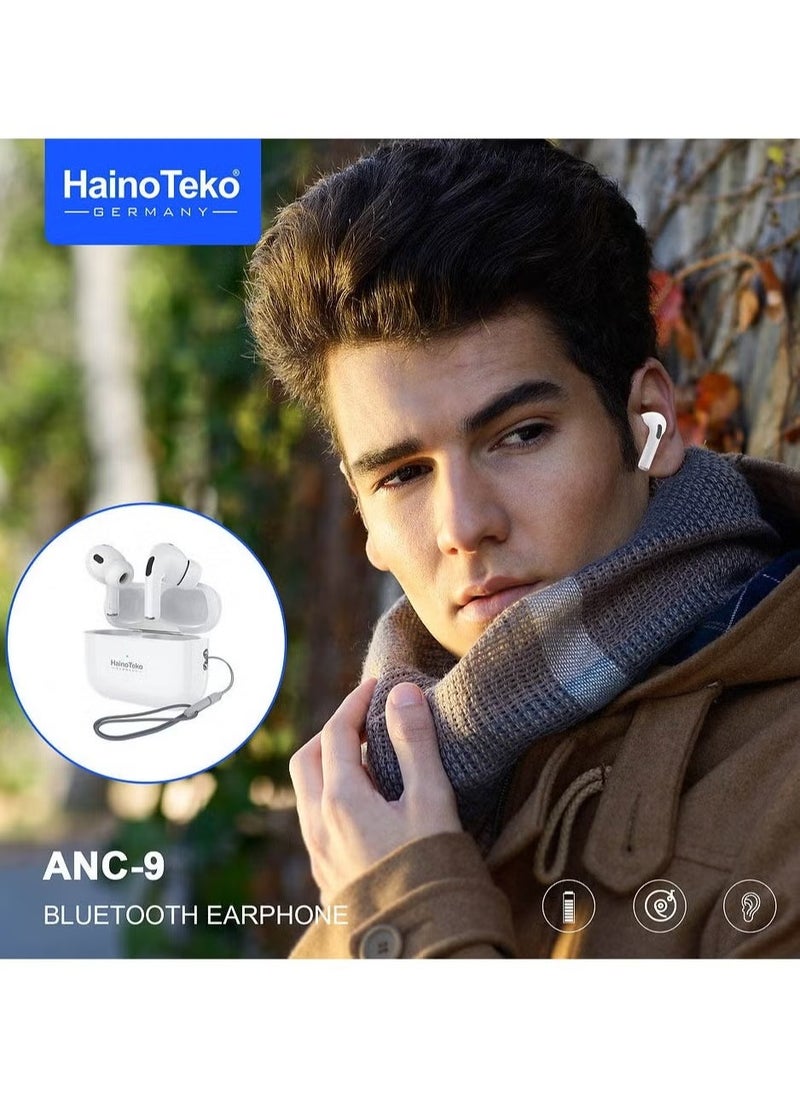 Haino Teko - ANC 9 Bluetooth Earphones with Active Noise Cancellation, Enhanced Bass, Music Clear Microphone, and Touch Controls – Compatible with iPhones and iPads, Premium Sound Quality, Comfortable Fit, White - Image 1