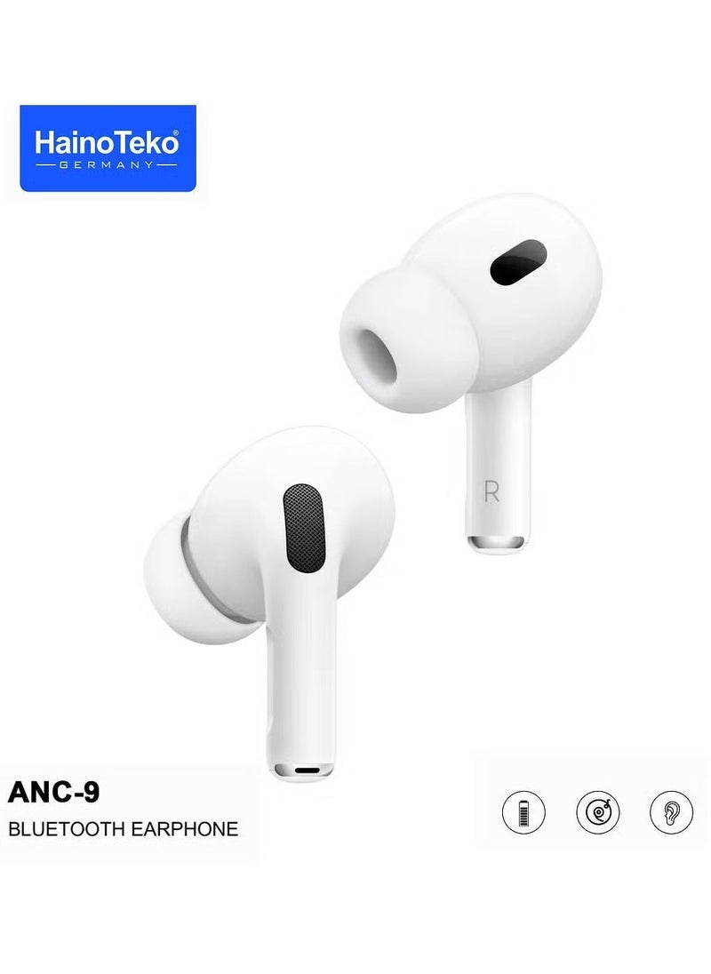 Haino Teko - ANC 9 Bluetooth Earphones with Active Noise Cancellation, Enhanced Bass, Music Clear Microphone, and Touch Controls – Compatible with iPhones and iPads, Premium Sound Quality, Comfortable Fit, White - Image 1