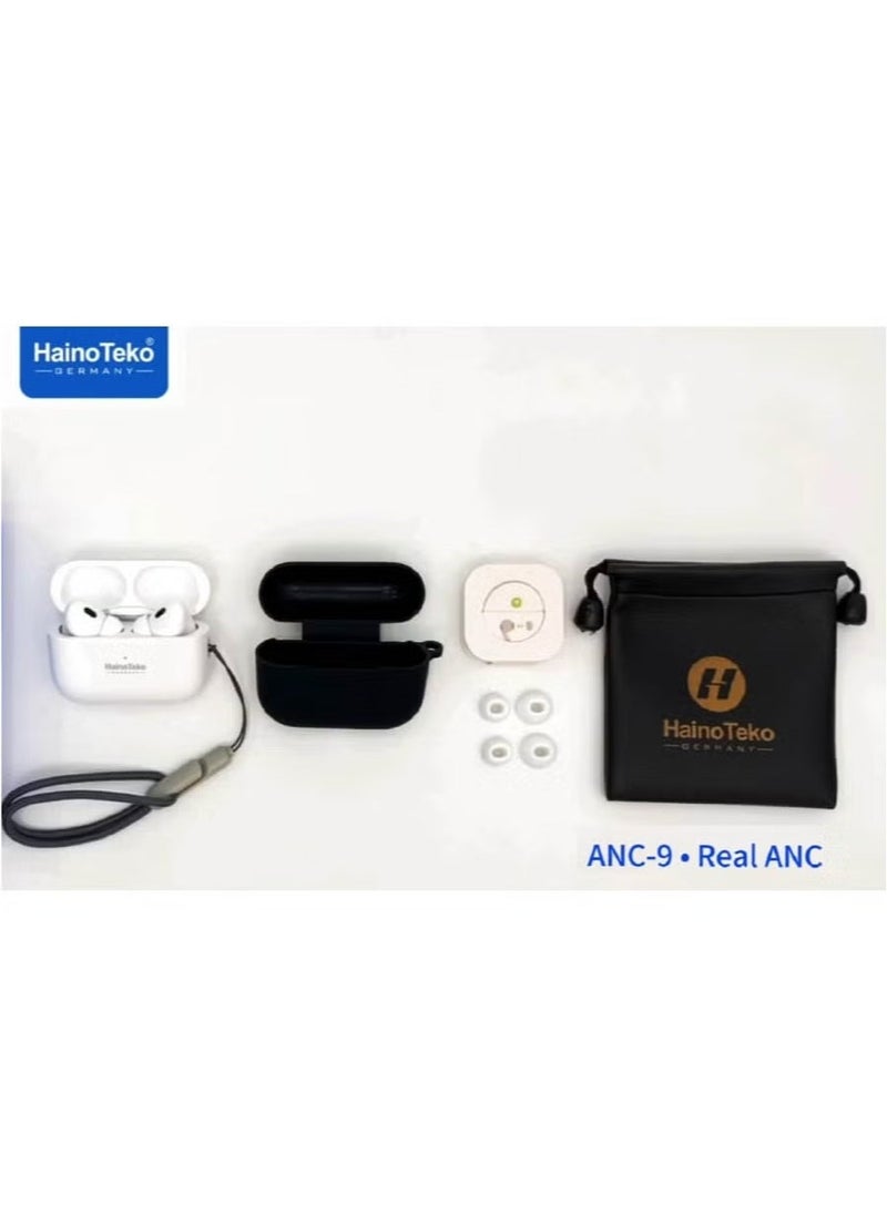 Haino Teko - ANC 9 Bluetooth Earphones with Active Noise Cancellation, Enhanced Bass, Music Clear Microphone, and Touch Controls – Compatible with iPhones and iPads, Premium Sound Quality, Comfortable Fit, White - Image 1