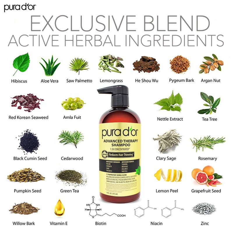 Pura d'or مجموعة شامبو وبلسم بيوتين للعناية بالشعر من PURA D'OR للعناية بالشعر المتساقط، نتائج فعالة تم اختبارها سريرياً، منتجات تكثيف الشعر العشبية للنساء والرجال، 16 أونصة × 2 - Image 2