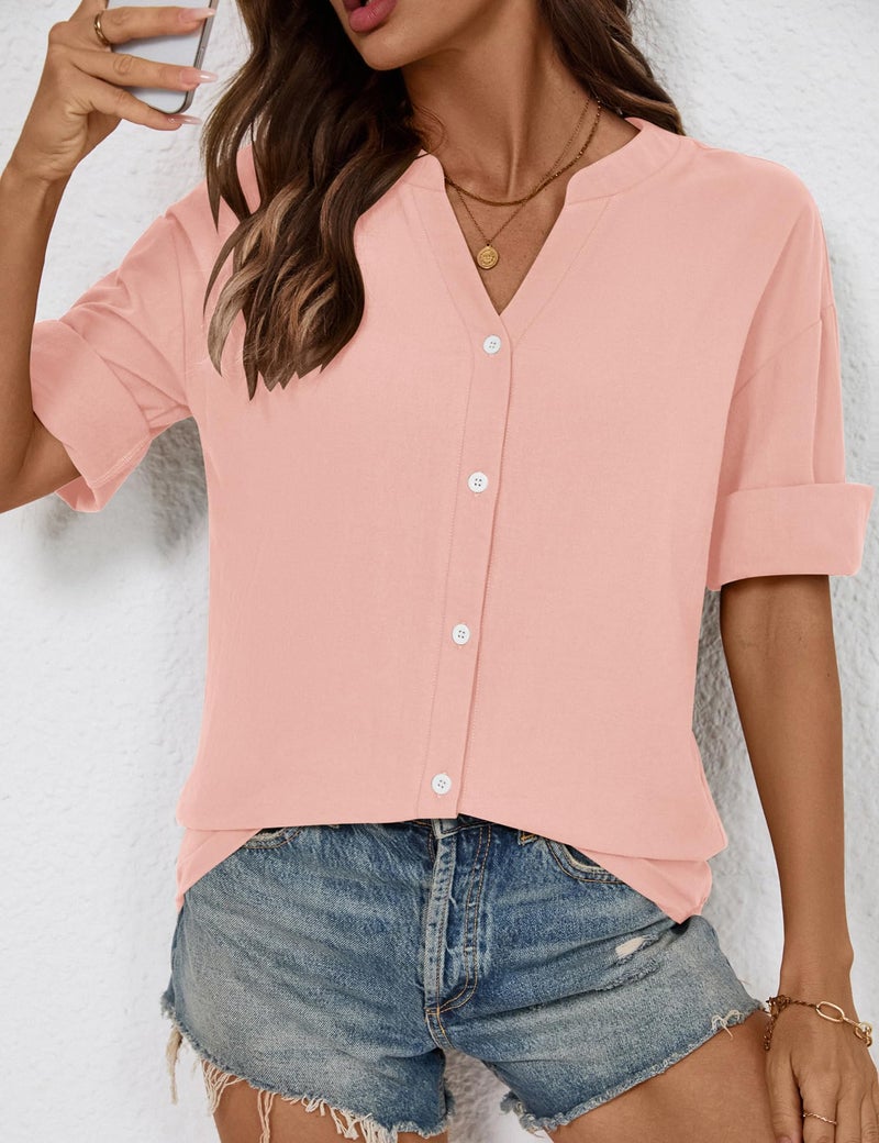 LOMON 3/4 Sleeve Tops for Women Cotton Short Sleeve Button Down Shirts V Neck Crinkle Guaze Tops Light Pink XXL - Image 4
