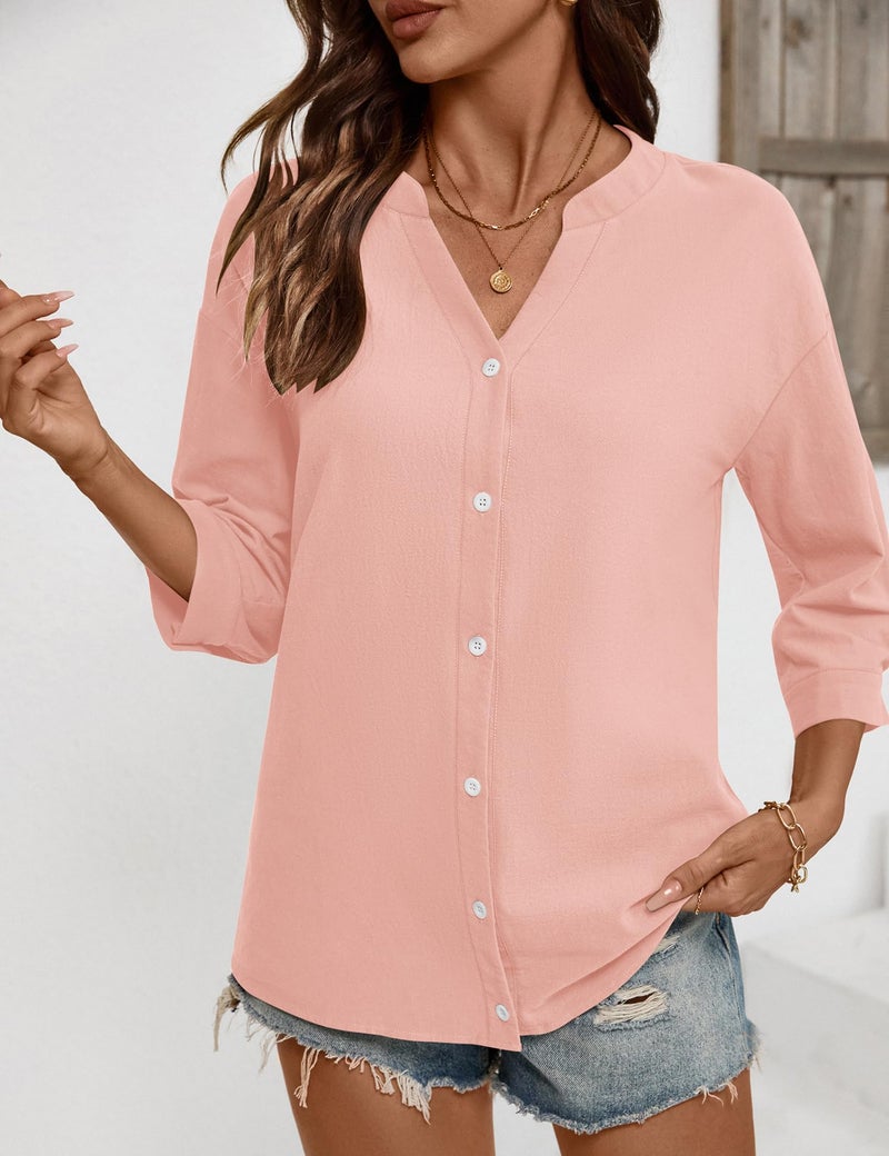LOMON 3/4 Sleeve Tops for Women Cotton Short Sleeve Button Down Shirts V Neck Crinkle Guaze Tops Light Pink XXL - Image 5