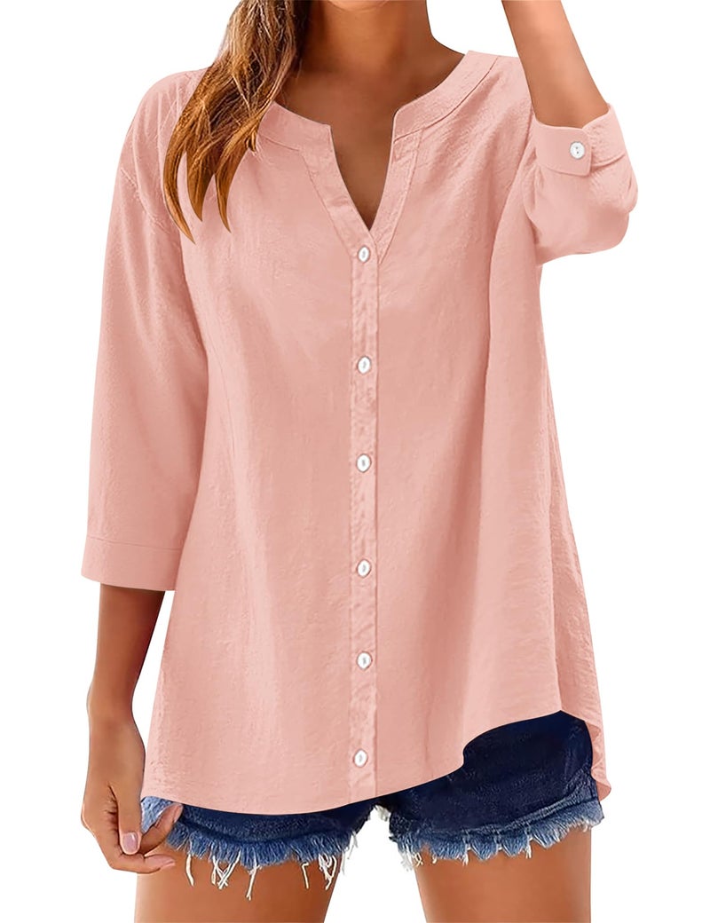 LOMON 3/4 Sleeve Tops for Women Cotton Short Sleeve Button Down Shirts V Neck Crinkle Guaze Tops Light Pink XXL - Image 1