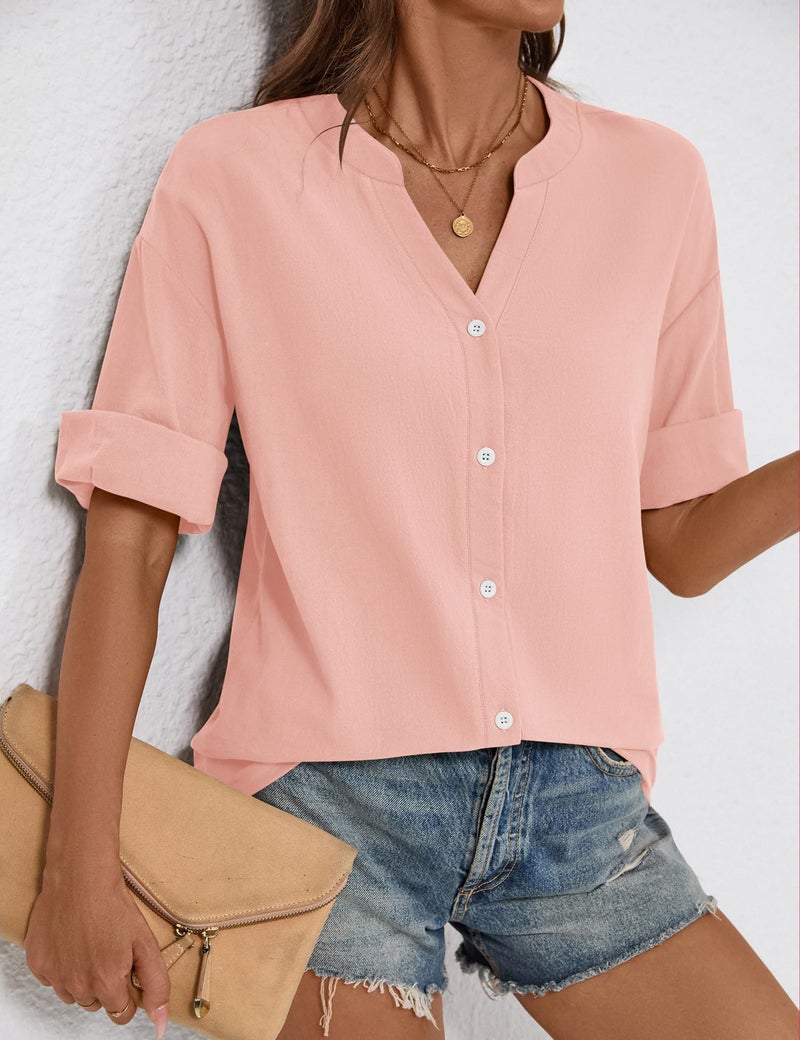 LOMON 3/4 Sleeve Tops for Women Cotton Short Sleeve Button Down Shirts V Neck Crinkle Guaze Tops Light Pink XXL - Image 3