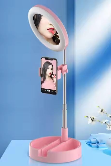 Seadra Pink Ring Light Foldable Makeup Mirror USB Charging Phone Stand Selfie Ring Light 3 Lighting Modes 3500K6000K Adjustable Makeup Light for YouTube TIK Tok Vlog ShootingAesthetic Look - Image 1