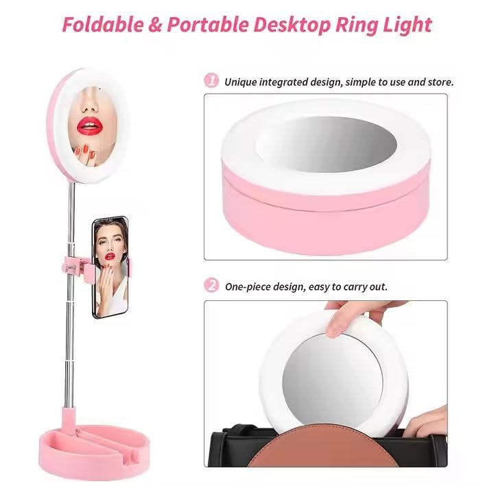 Seadra Pink Ring Light Foldable Makeup Mirror USB Charging Phone Stand Selfie Ring Light 3 Lighting Modes 3500K6000K Adjustable Makeup Light for YouTube TIK Tok Vlog ShootingAesthetic Look - Image 3