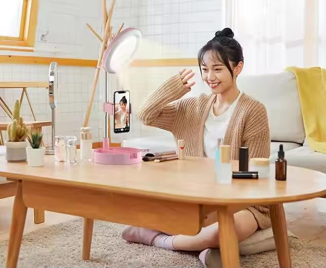 Seadra Pink Ring Light Foldable Makeup Mirror USB Charging Phone Stand Selfie Ring Light 3 Lighting Modes 3500K6000K Adjustable Makeup Light for YouTube TIK Tok Vlog ShootingAesthetic Look - Image 4