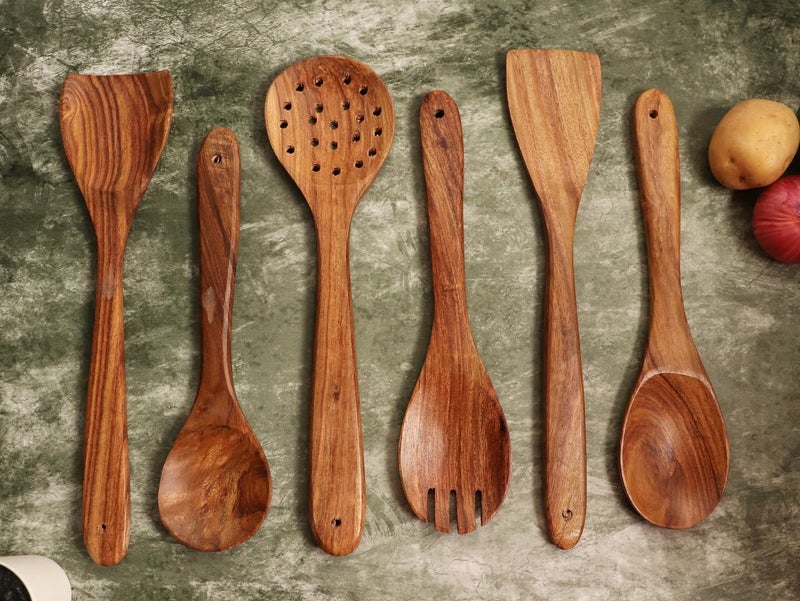 Kitchen 101 Handcrafted Premium Teak Wooden Spatula Set of 6 Wooden Set for Kitchen Non Stick Spatula Set Dosa Palta Spatula Wooden Spoon Set Wooden Karchi for Cooking - Image 1