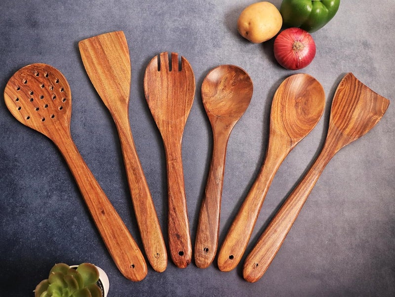 Kitchen 101 Handcrafted Premium Teak Wooden Spatula Set of 6 Wooden Set for Kitchen Non Stick Spatula Set Dosa Palta Spatula Wooden Spoon Set Wooden Karchi for Cooking - Image 2