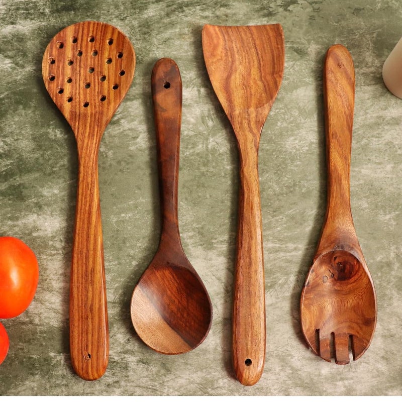 Kitchen 101 Handcrafted Premium Teak Wooden Spatula Set of 6 Wooden Set for Kitchen Non Stick Spatula Set Dosa Palta Spatula Wooden Spoon Set Wooden Karchi for Cooking - Image 4