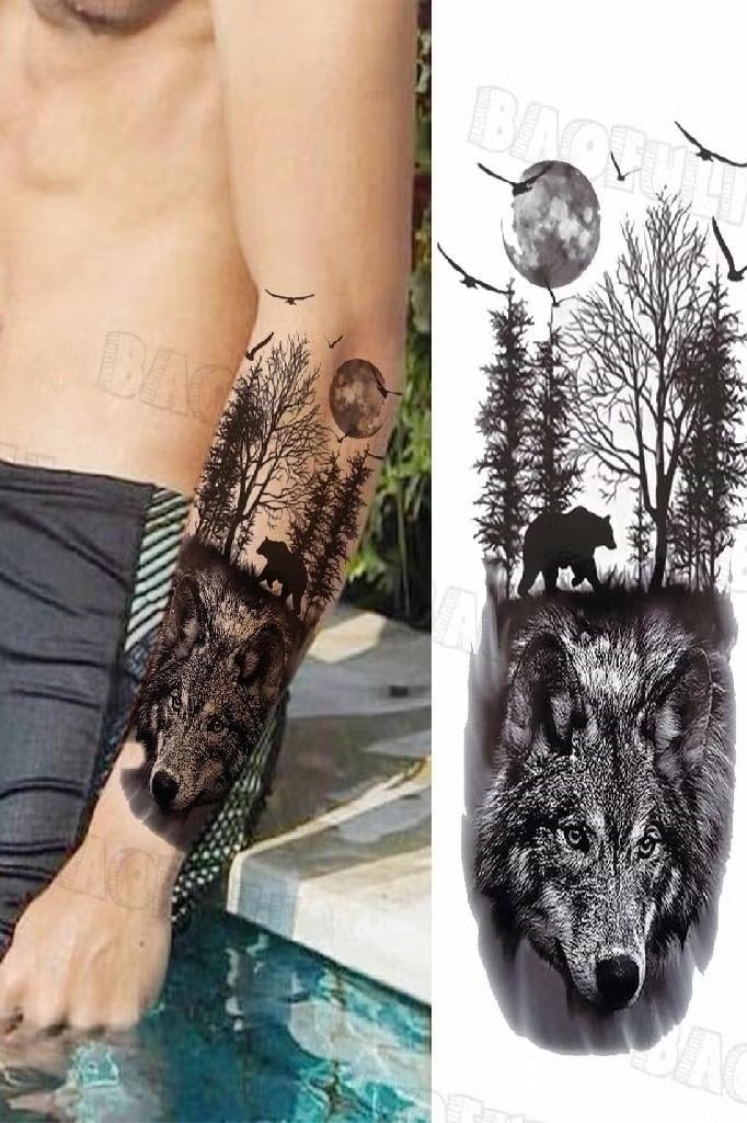 وشم مؤقت للرجال البالغين على شكل جمجمة ذئب بانك، ملصق وشم مزيف واقعي، فن الجسم، وشم نصف كم