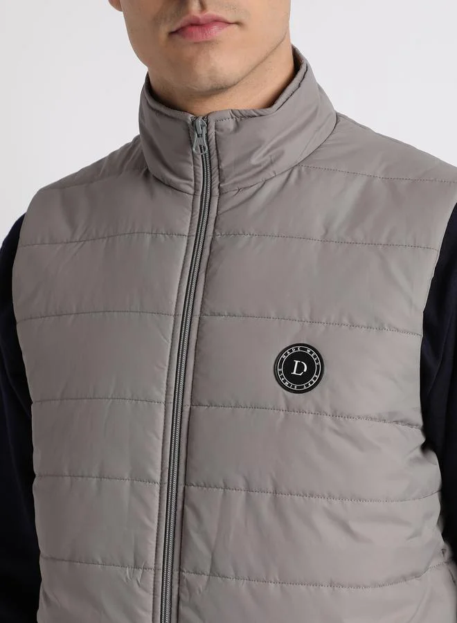 Dennis Lingo Light Grey Regular Fit Men's Solid Mock Neck Sleeveless Polyester Jacket with Zipper Closure
