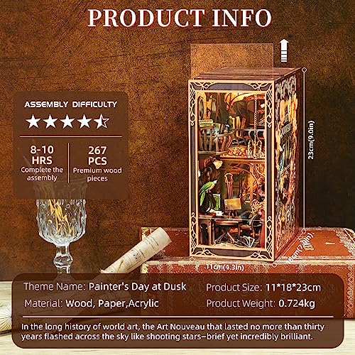 CCCDF DIY Book Nook Kit Miniature Dollhouse Booknook Kit 3D Wooden Puzzle Bookend Bookshelf Insert with LED Light for Teens and Adults Painters Day at Dusk - Image 5