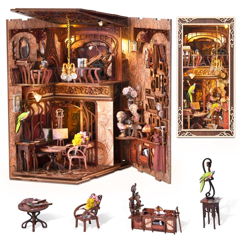 CCCDF DIY Book Nook Kit Miniature Dollhouse Booknook Kit 3D Wooden Puzzle Bookend Bookshelf Insert with LED Light for Teens and Adults Painters Day at Dusk - Image 3