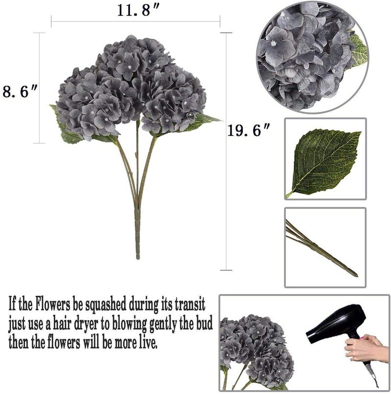 Louiesya Artificial Flowers Silk Hydrangea Flowers with 5 Heads Fake Flower Bunch Bouquet for Home Wedding Party Decor DIY (Gray，5 Flower Heads) - Image 2