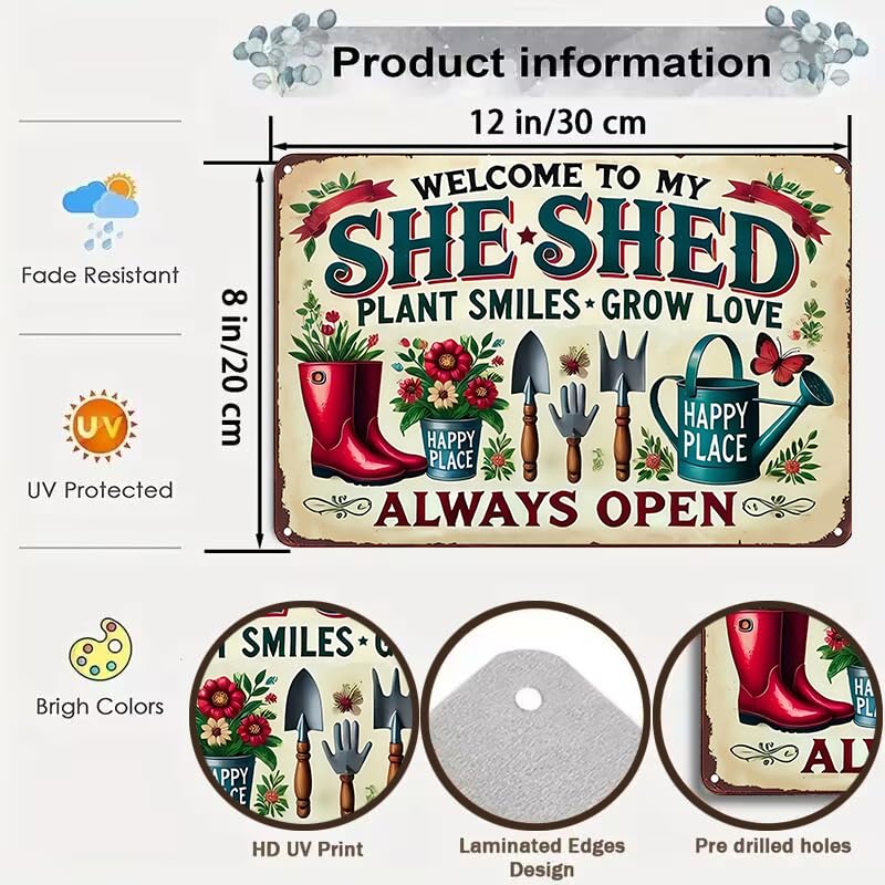 Bestylez Garden Gifts Welcome To My She Shed Vintage Gardening Signs for Home Garden Greenhouse Living Room Bedroom Yard Outdoor Decor 8X12 Inch (3372) - Image 2