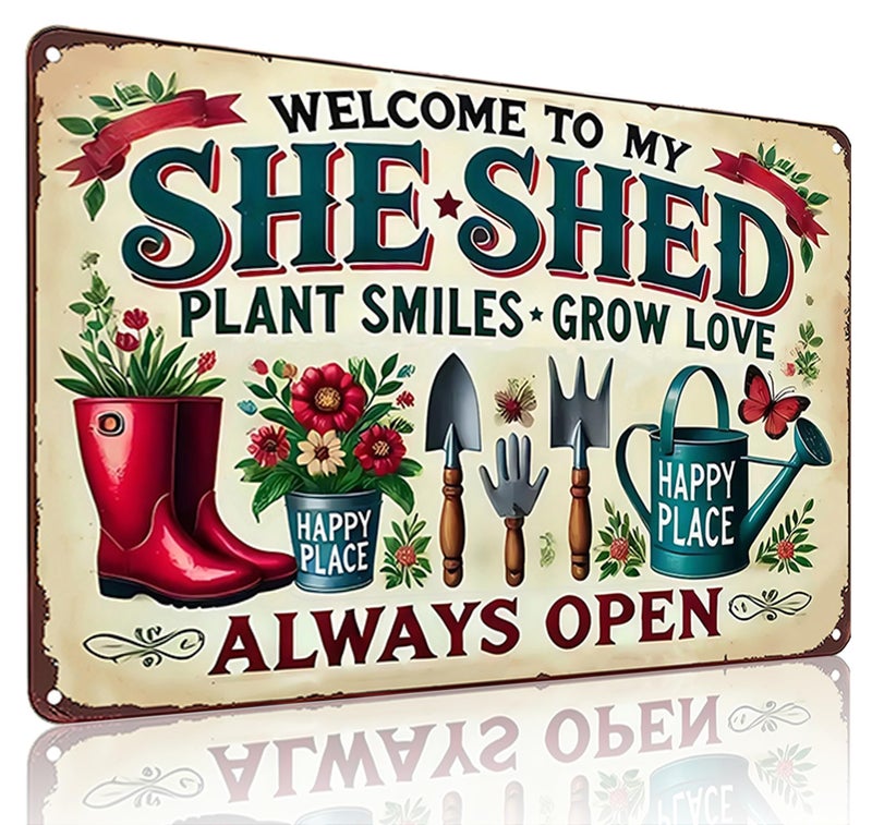 Bestylez Garden Gifts Welcome To My She Shed Vintage Gardening Signs for Home Garden Greenhouse Living Room Bedroom Yard Outdoor Decor 8X12 Inch (3372) - Image 1