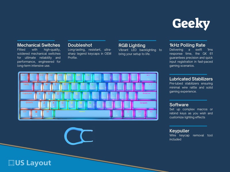 Geeky GK61 SE 60% | Mechanical Gaming Keyboard | 61 Keys Multi Color RGB LED Backlit for PC/Mac Gamer | ANSI US American Layout (Blue, Mechanical Speed Yellow) - Image 2