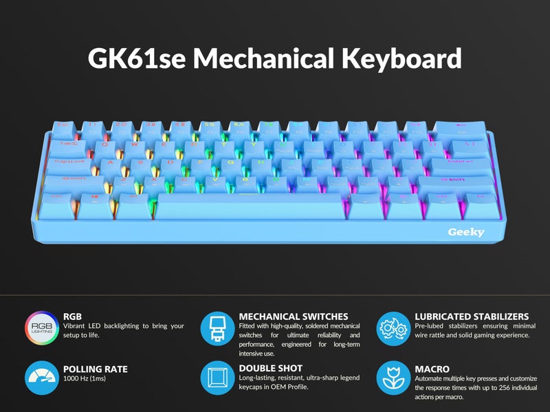 Geeky GK61 SE 60% | Mechanical Gaming Keyboard | 61 Keys Multi Color RGB LED Backlit for PC/Mac Gamer | ANSI US American Layout (Blue, Mechanical Speed Yellow) - Image 5