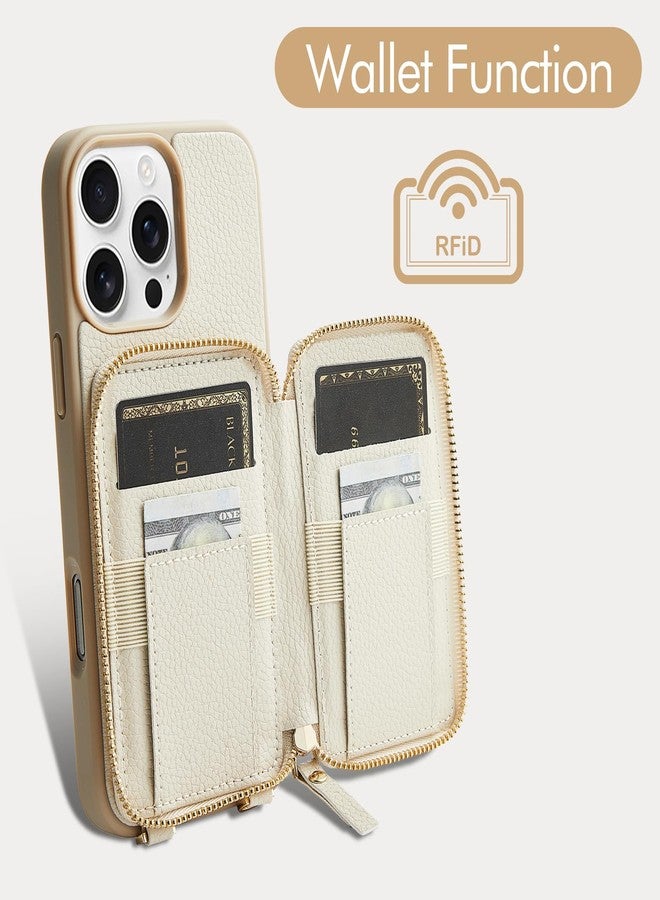 ZVE for iPhone 16 Pro Wallet Case, RFID Blocking Leather Case with Card Holder, Crossbody Strap for Beige iPhone 16 Pro 6.3" - Image 2