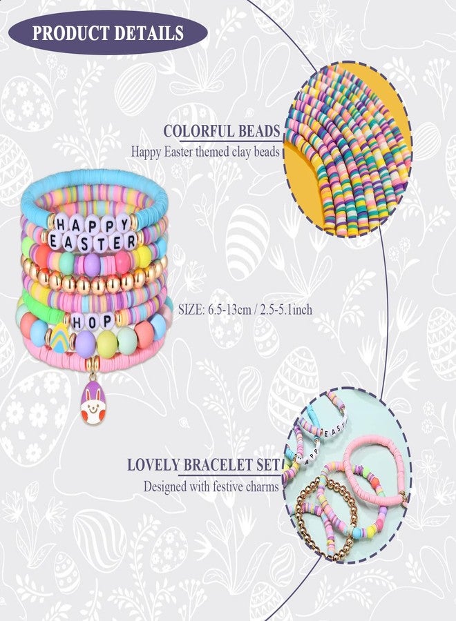 Sfoni 8Pcs Easter Beaded Bracelet, Candy Color Surfer Heishi Polymer Beads Cute Bunny Egg Charms Stretch Bracelet Elastic Letter Beads Bracelet Festive Jewelry Gifts for Party Holiday - Image 2