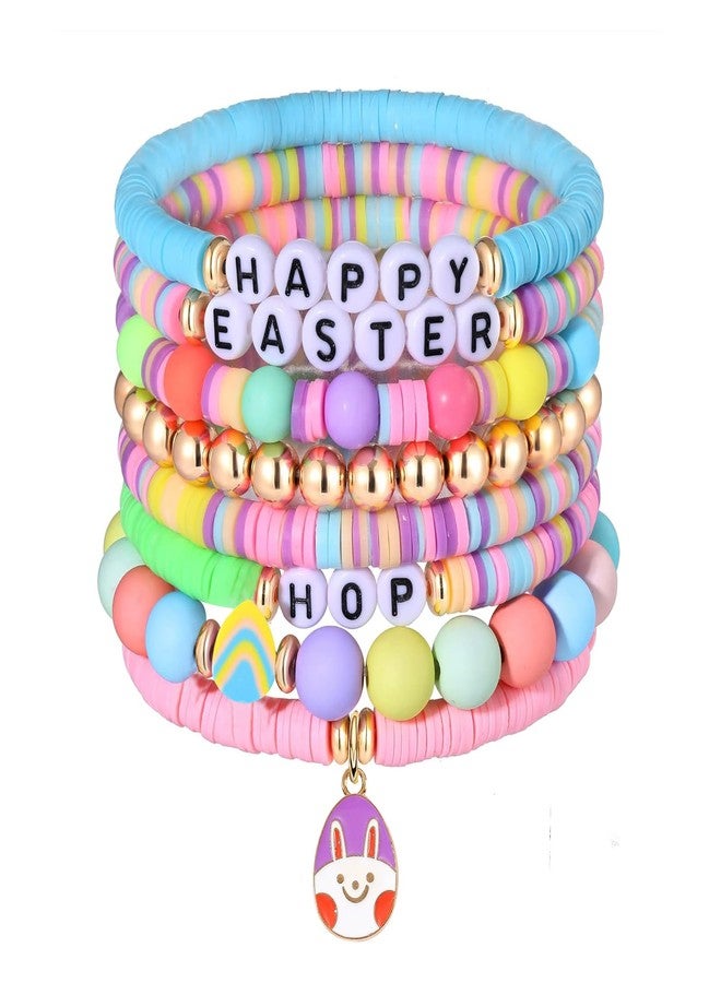 Sfoni 8Pcs Easter Beaded Bracelet, Candy Color Surfer Heishi Polymer Beads Cute Bunny Egg Charms Stretch Bracelet Elastic Letter Beads Bracelet Festive Jewelry Gifts for Party Holiday - Image 1