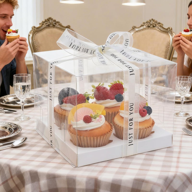 CHENZEM 5 Pcs clear cupcake boxes with complimentary gift ribbon, 4 Count cup container, plastic cupcake tray, suitable for desserts, cookies, muffins for Valentine'Day (White, 4 Counts/5 pcs) - Image 3
