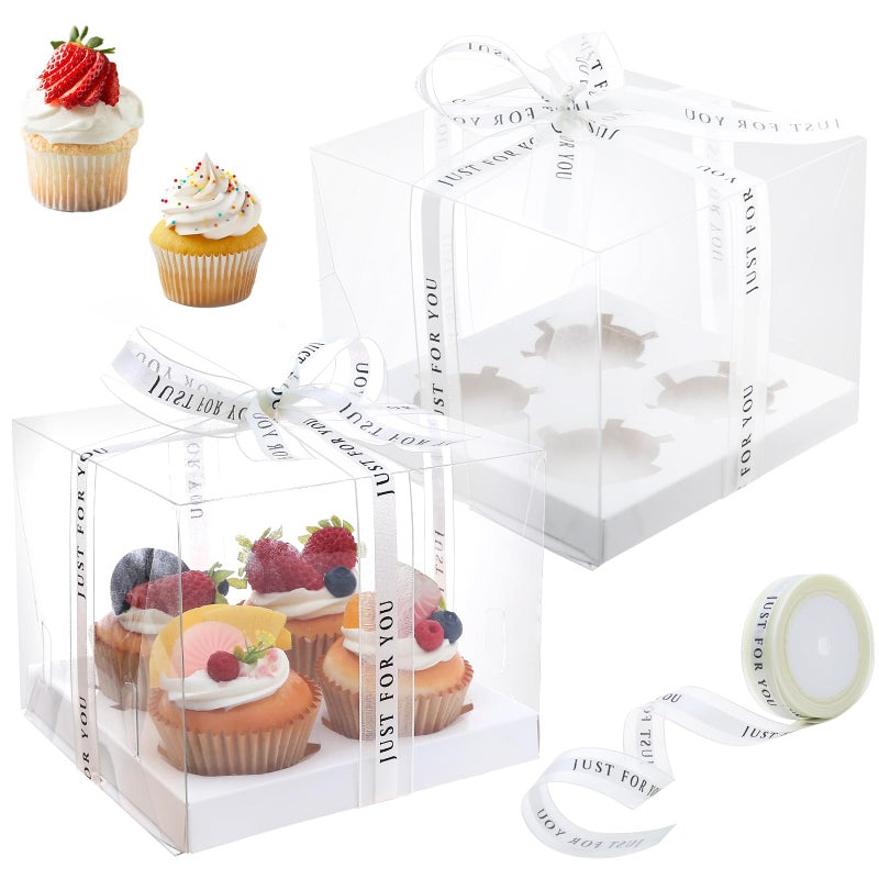 CHENZEM 5 Pcs clear cupcake boxes with complimentary gift ribbon, 4 Count cup container, plastic cupcake tray, suitable for desserts, cookies, muffins for Valentine'Day (White, 4 Counts/5 pcs) - Image 1