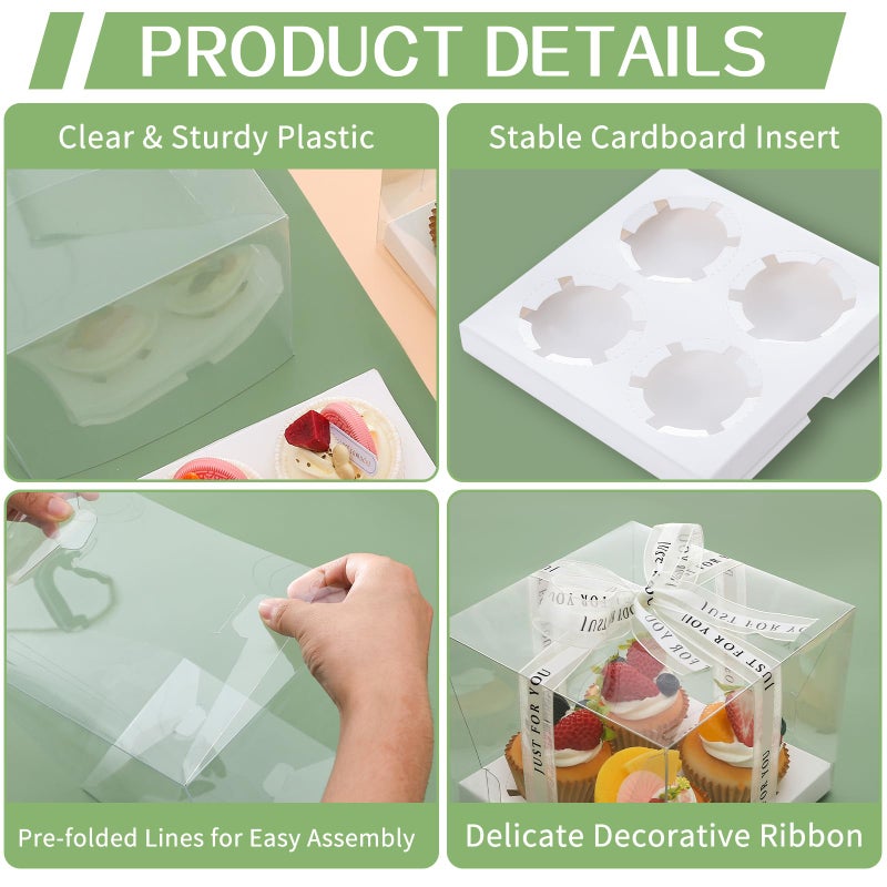 CHENZEM 5 Pcs clear cupcake boxes with complimentary gift ribbon, 4 Count cup container, plastic cupcake tray, suitable for desserts, cookies, muffins for Valentine'Day (White, 4 Counts/5 pcs) - Image 4