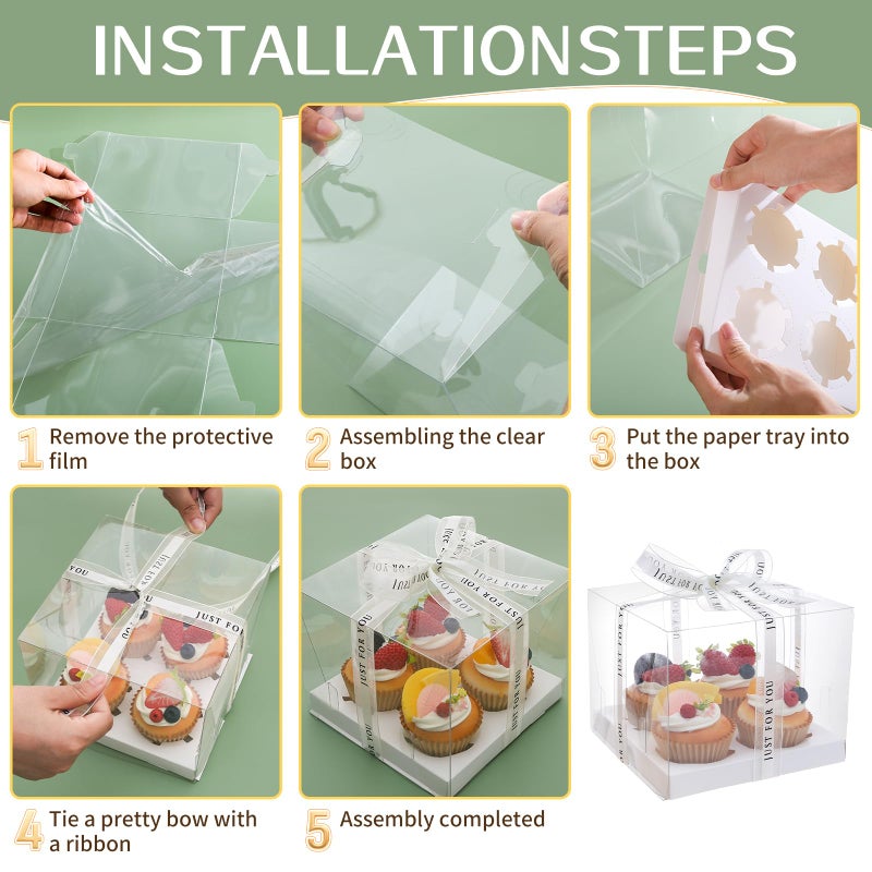 CHENZEM 5 Pcs clear cupcake boxes with complimentary gift ribbon, 4 Count cup container, plastic cupcake tray, suitable for desserts, cookies, muffins for Valentine'Day (White, 4 Counts/5 pcs) - Image 5