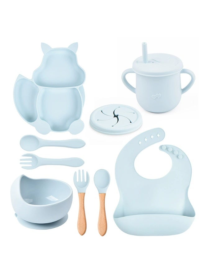 8 Pcs Baby Feeding Set, Food-grade Silicone Baby Tableware Set, Squirrel Baby Cutlery and Plates Set, Non-Slip Infant Dinnerware Set, Baby Self Feeding Utensils