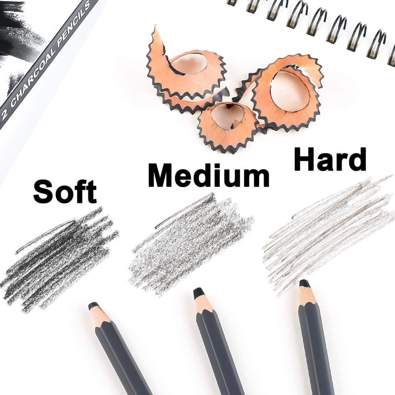 Art Ranger Charcoal Pencils Drawing 12 Pcs Set Soft Medium and Hard with 1 Eraser 1 Sand Paper Strip 1 Pencil Extender Paper Stump Blender Charcoal Powder for Art 30 Gram - Image 2