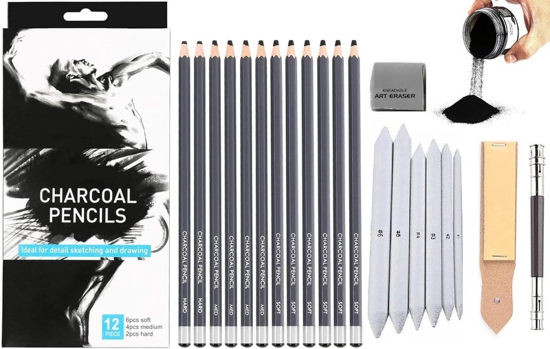 Art Ranger Charcoal Pencils Drawing 12 Pcs Set Soft Medium and Hard with 1 Eraser 1 Sand Paper Strip 1 Pencil Extender Paper Stump Blender Charcoal Powder for Art 30 Gram - Image 1