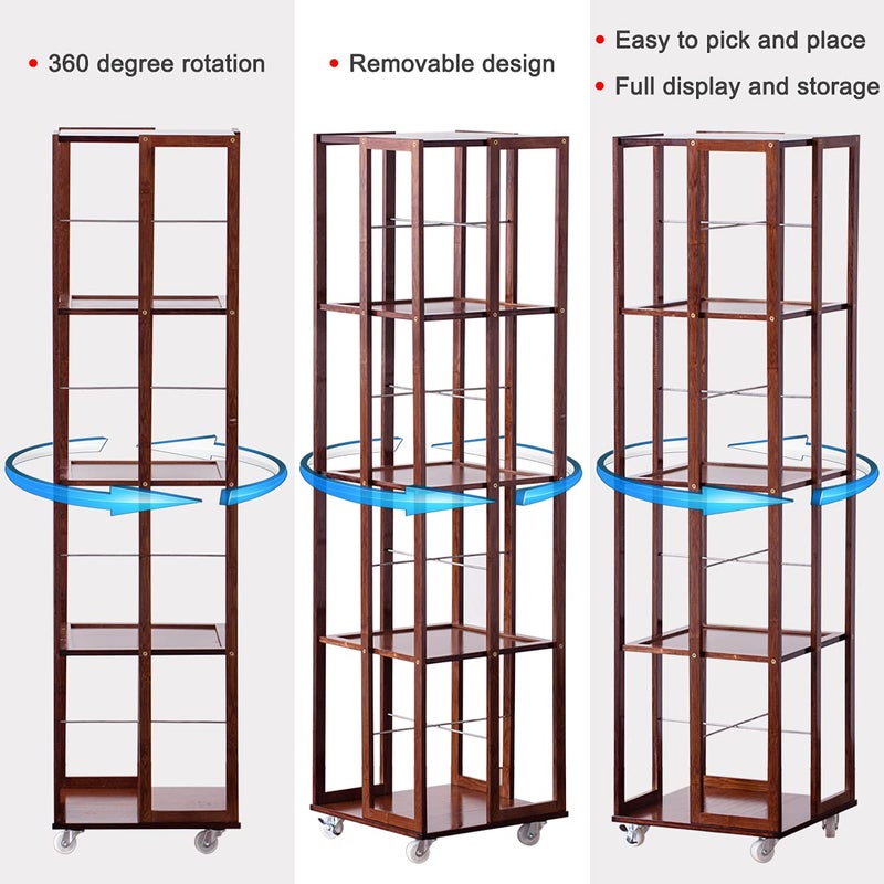 COPREE 5 Tier Rolling Bookcase, Bamboo 360 Rotating Bookshelf, Freestanding Storage Organizer Holder Book Rack with Wheels for Bedroom, Living Room Home and Office - Image 4