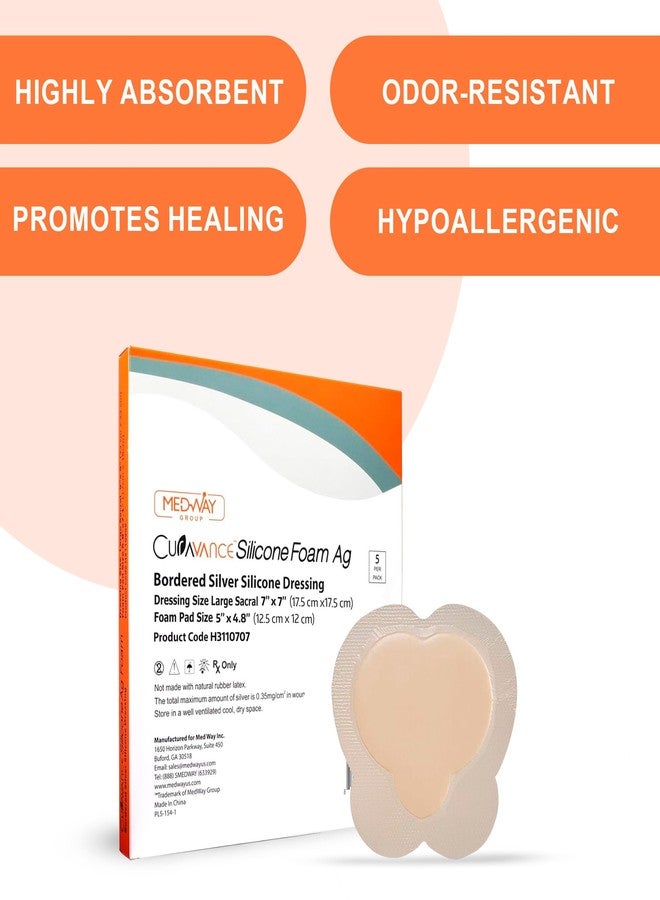 MedVance Bordered Silver Silicone Ag Sterile Highly Absorbent Dressing, Sacral, Sacrum, 7"x 7" (4.9" x 4.7" Pad) 5 dressings, 5 Count (Pack of 1) - Image 2