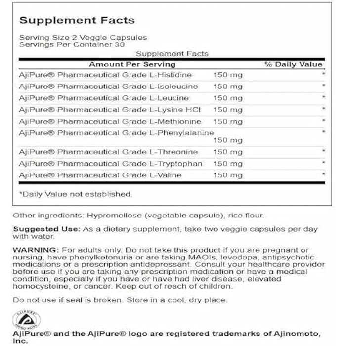 Swanson Ajipure 9 Essential Amino Acid Formula Pharmaceutical Grade 60 Veg Capsules - Image 2