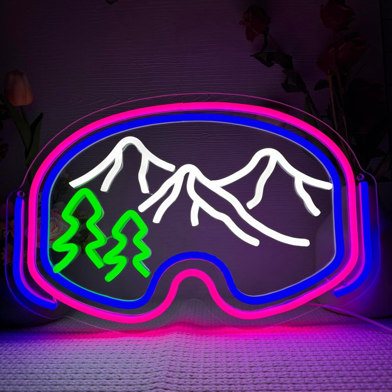 Symone Ski Goggles Neon Sign, USB Powered Dimmable LED Neon Light Winter Sports Party Decor, for Outdoor Adventure Themed Sports Bar Ski Themed Bedroom Decor, Skiing Gifts for Winter Lovers(16.1*10.4in) - Image 1